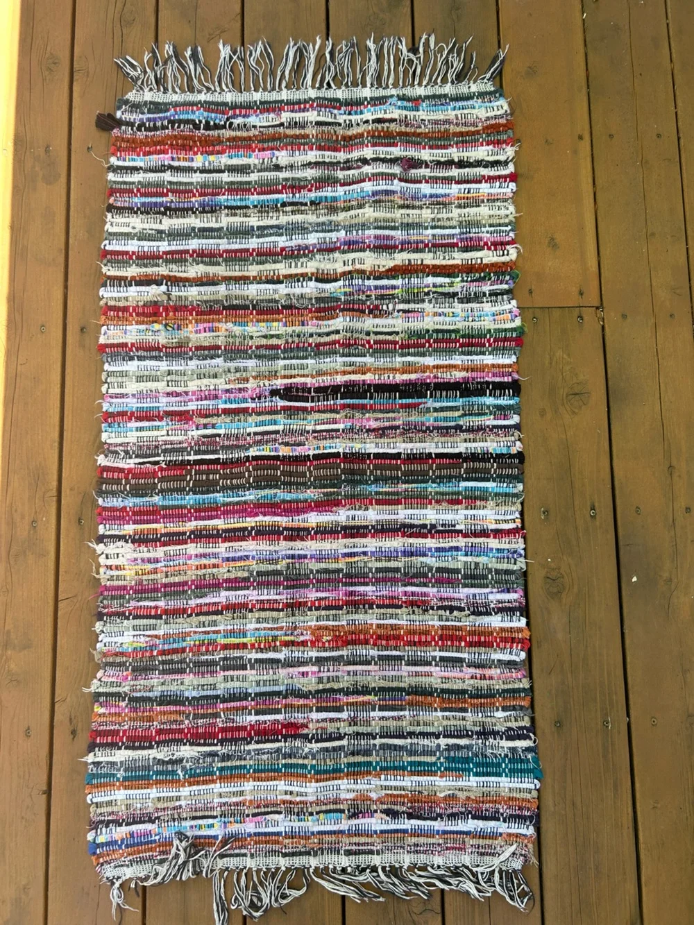 Vintage Rug Handwoven Multicolor Striped Rag Fringe Boho Runner Hallway 47x25